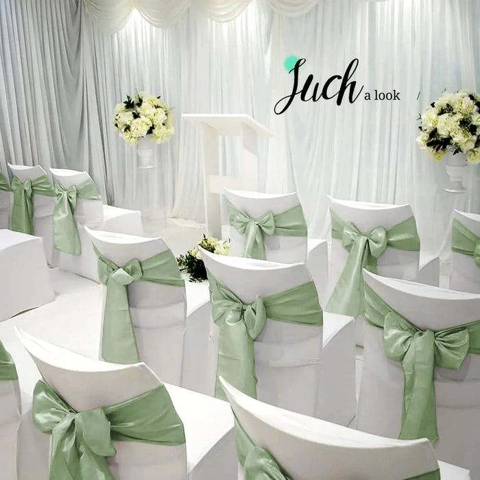 h these exquisite satin chair sashes in elegant sage green. Ideal for weddings, banquets, and parties, this pack of 10 luxurious