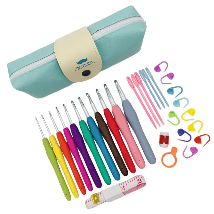 Crochet Hooks Kits with Storage Bag Soft Handle Aluminum Crochet Needles Yarn Weave Knitting Needles Set DIY Sewing Weaving Tool