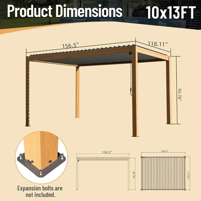 Pergola 10X13FT, Grain Aluminum Pergola Adjustable Roof, Looking Alunimun Frame, Efficient Drainage System, Outdoor Pergola