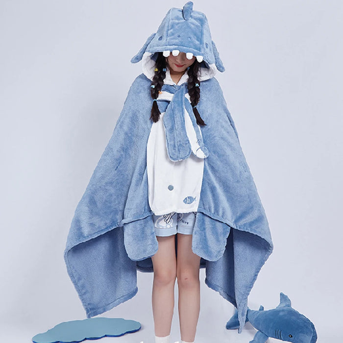 Shark Blanket Adult Cartoon Pajama Hooded Winter Warm Blanket Coral Fleece Homewear Shark Wearable Sofa Blanket Cloak