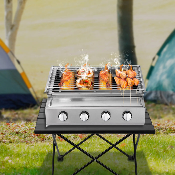 4 Burners Stainless Steel Counter Top Barbecue LPG Gas Grill  Removable BBQ Smokeless Grill for Camping Home Party