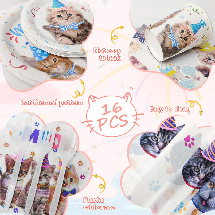 Cat Birthday Party Supplies,167pcs Birthday Decorations &Theme Tableware Set-Party Plates Napkins Tablecloth&Banner Balloons etc