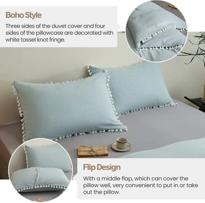 Simple&Opulence 3Pcs Boho Linen Cotton Bedding Set with Tassel Washed Comforter Breathable Queen King Size Duvet Cover Bed Sheet