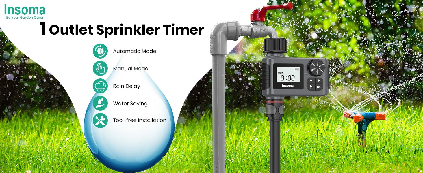 INSOMA Automatic Water Timer Intelligent Irrigation Watering System Sprinkler Timer Garden Programmer Equipment LCD Display IPX5