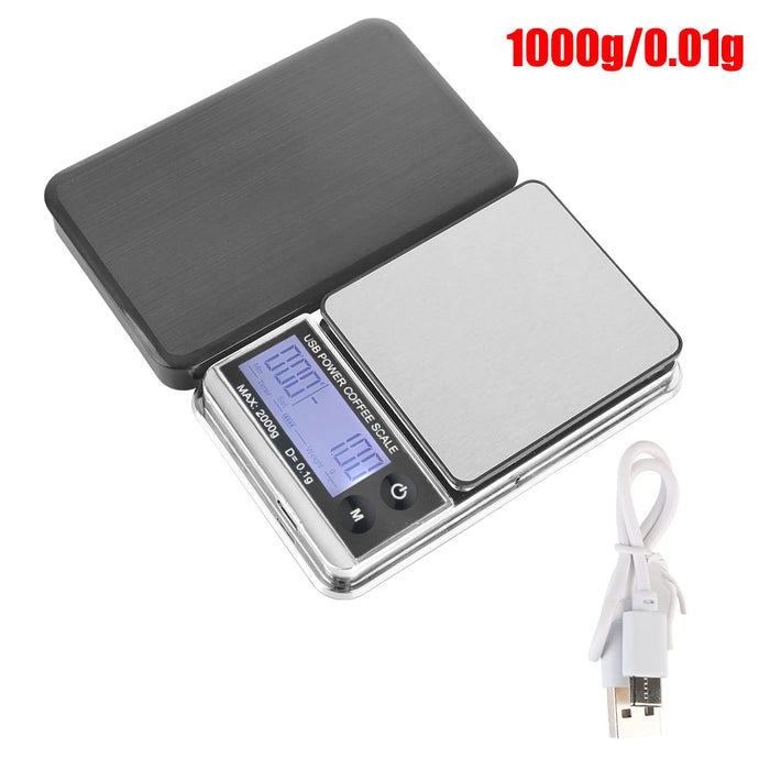 Mini Pocket Scale 1000g/0.01g Electronic Scale Auto Timer Digital Kitchen Coffee Scale High Precision Cyclic Rechargeable