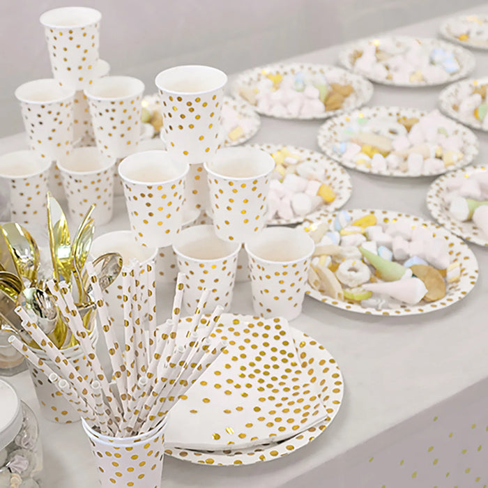 Party Supplies Set Disposable Gold Point Paper Dish Meal Napkin Paper Cup Party Disposable Paper Plates Cups Straw And Napkins