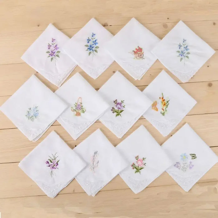 3Pcs/Set Women  White Square Handkerchief Floral Embroidered Pocket Hanky  Lace Cotton Baby Bibs Portable Towel