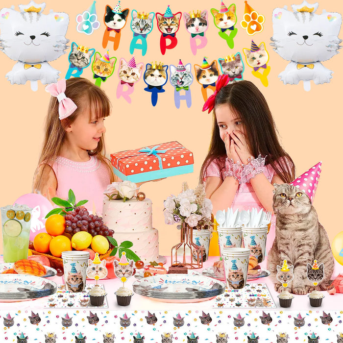 Cat Birthday Party Supplies,167pcs Birthday Decorations &Theme Tableware Set-Party Plates Napkins Tablecloth&Banner Balloons etc