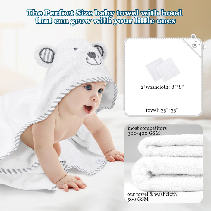 Kisdream Baby Hooded Towel Organic Bamboo Fiber Baby Bath Towels Bear Embroided Handkerchief for Toddlers Super Absorbent Thick