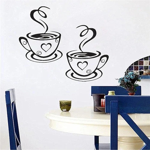 Black Coffee Cups Wall Art Stickers PVC  Kitchen Restaurant Cafe Tea Wall Sticker Coffees Cups Sticker Wall Decal Decor DIY