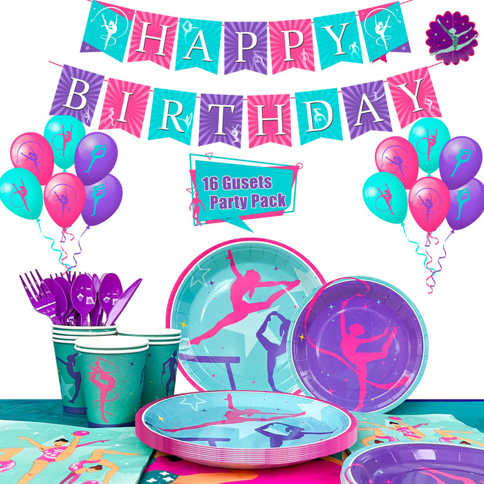 Gymnastics Birthday Party Supplies,140pcs Decorations&Tableware Kit-Gymnastics Plates and Napkins Cups Tablecloth Balloons etc