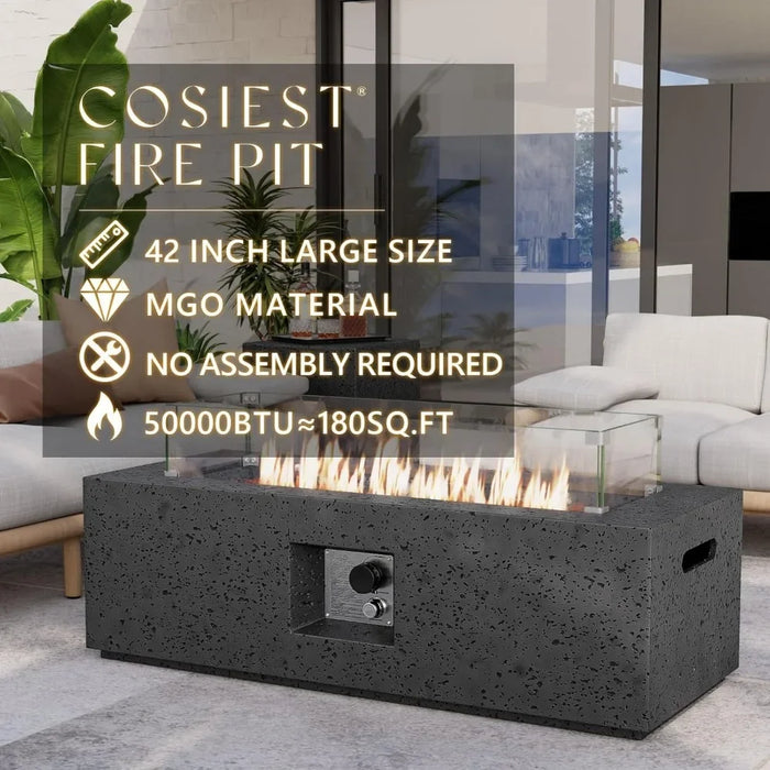 Outdoor Propane Fire Pit Coffee Table, 42-inch x 13-inch MgO Rectangle Base Patio Heater w 50,000 BTU Stainless Steel Burner