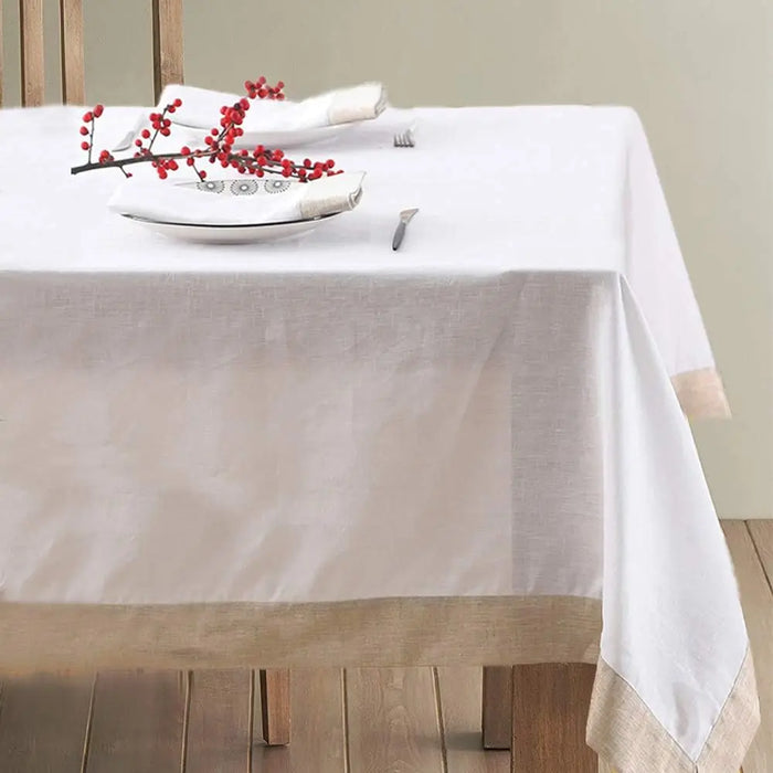 Simple&Opulence 100% Linen Coloured Border Rectangle Natural Hemstitch Tablecloth for Dinner Picnic and Indoor&Outdoor Party