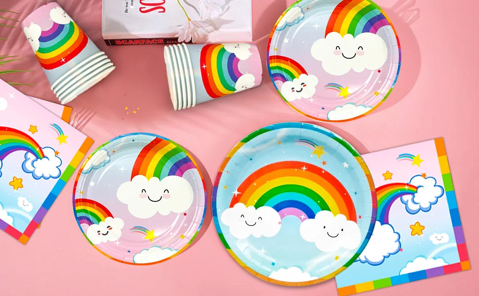 Rainbow Party Supplies,141Pcs Rainbow Party Tableware Set - Rainbow Plates Cups Napkins Table Cloths Serves 20 Guests