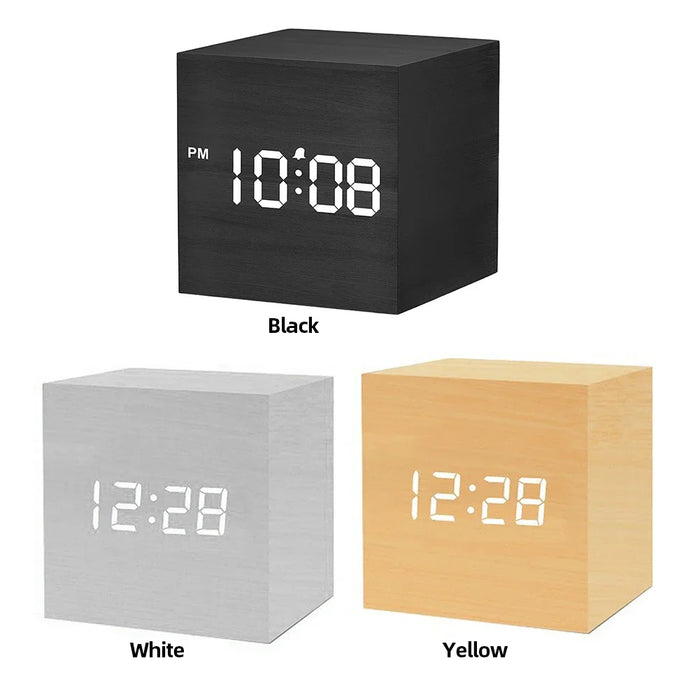 Wooden Digital Alarm Clock with Temperature LED Bedside Clock USB/Battery Powered LED Clock Art Ornament for Office Room Decor