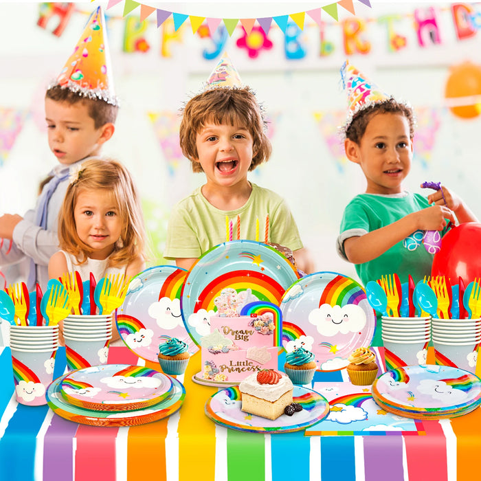 Rainbow Party Supplies,141Pcs Rainbow Party Tableware Set - Rainbow Plates Cups Napkins Table Cloths Serves 20 Guests