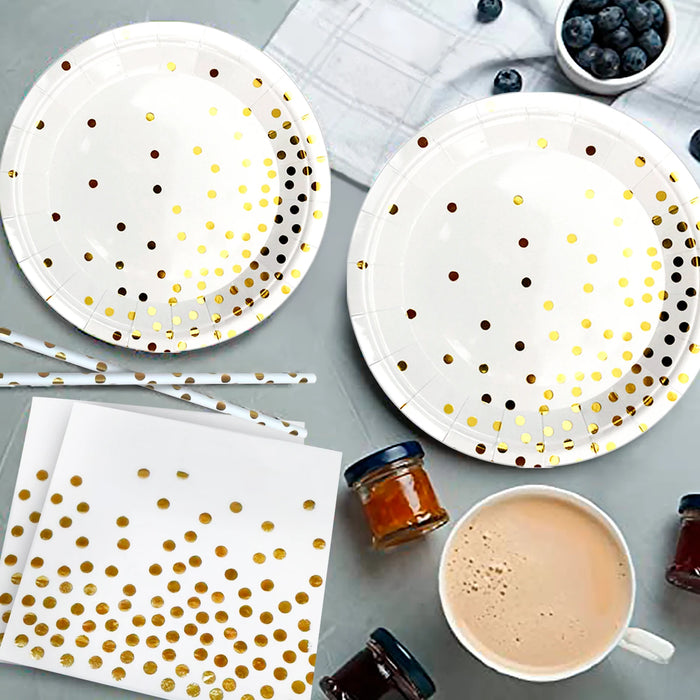 White And Gold Party Supplies 193pcs Golden Dot Disposable Party Dinnerware Set - White and Gold Party Paper Plates Cups Napkins