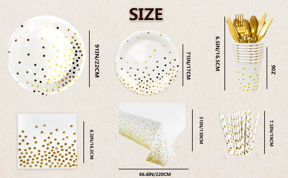 White And Gold Party Supplies 193pcs Golden Dot Disposable Party Dinnerware Set - White and Gold Party Paper Plates Cups Napkins