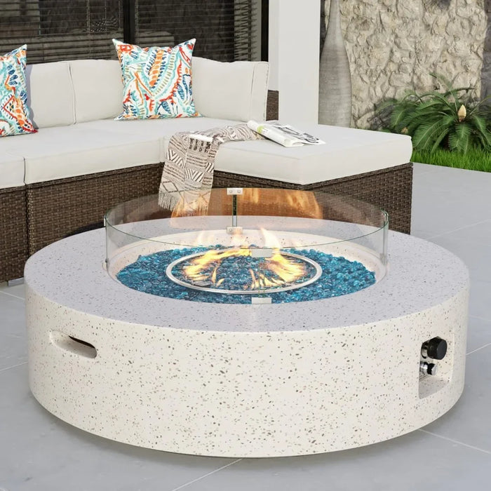 Outdoor Propane Fire Pit Coffee Table W Terrazzo 40.5-inch Round Base Patio Heater, 50,000 BTU Stainless Steel Burner Wind Guard