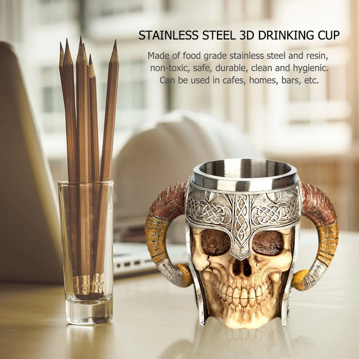 Stainless Steel Skull Mug Viking Drinking Cup Skeleton Resin Beer Stein Tankard Coffee Mug Tea Cup Halloween Gift Bar Drinkware