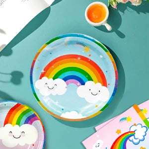 Rainbow Party Supplies,141Pcs Rainbow Party Tableware Set - Rainbow Plates Cups Napkins Table Cloths Serves 20 Guests