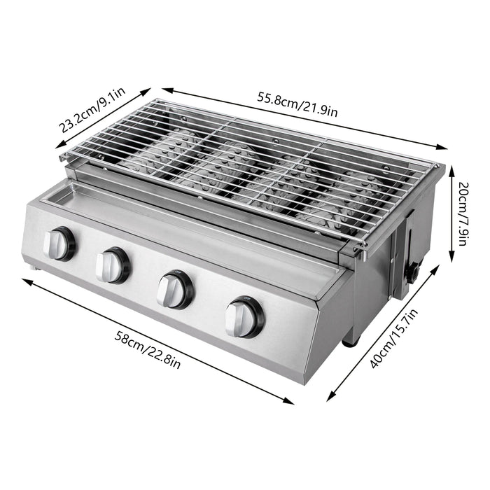 4 Burners Stainless Steel Counter Top Barbecue LPG Gas Grill  Removable BBQ Smokeless Grill for Camping Home Party