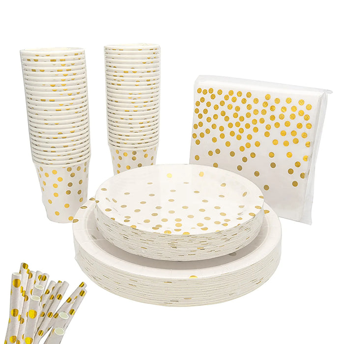 Party Supplies Set Disposable Gold Point Paper Dish Meal Napkin Paper Cup Party Disposable Paper Plates Cups Straw And Napkins