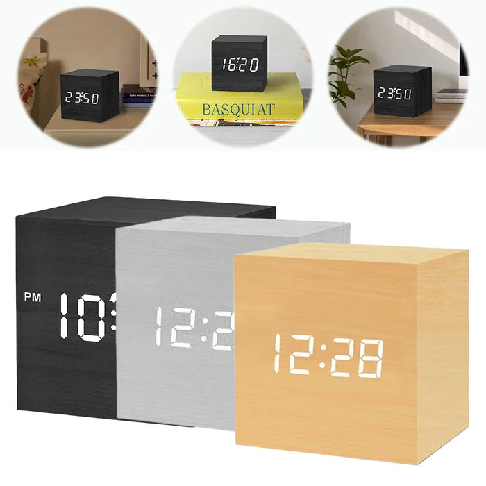 Wooden Digital Alarm Clock with Temperature LED Bedside Clock USB/Battery Powered LED Clock Art Ornament for Office Room Decor