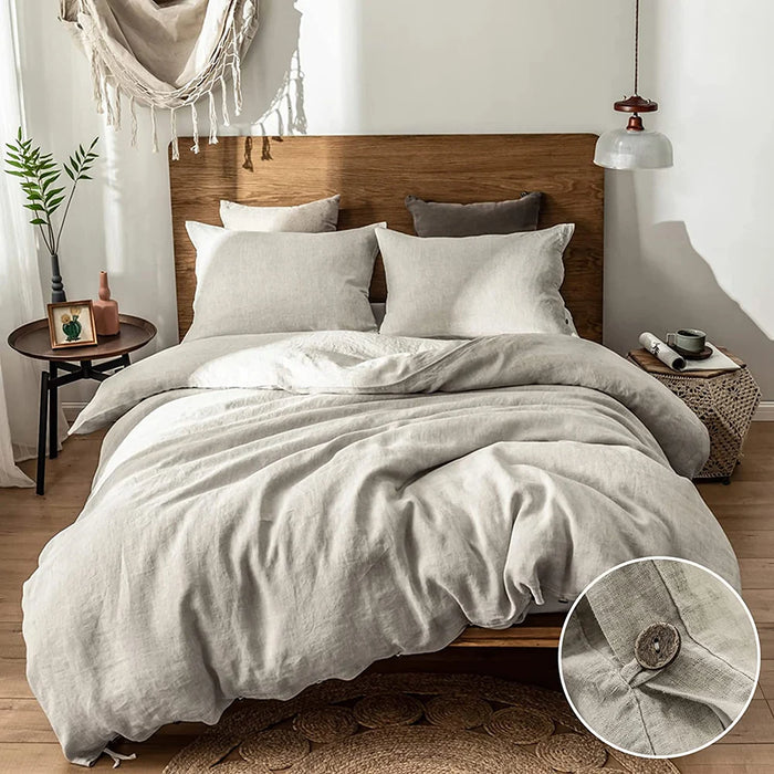 Simple&Opulence 100% Linen 3Pcs Bedding Set  Natural Flax Breathable King Size with Coconut Button Comforter Duvet Cover Set