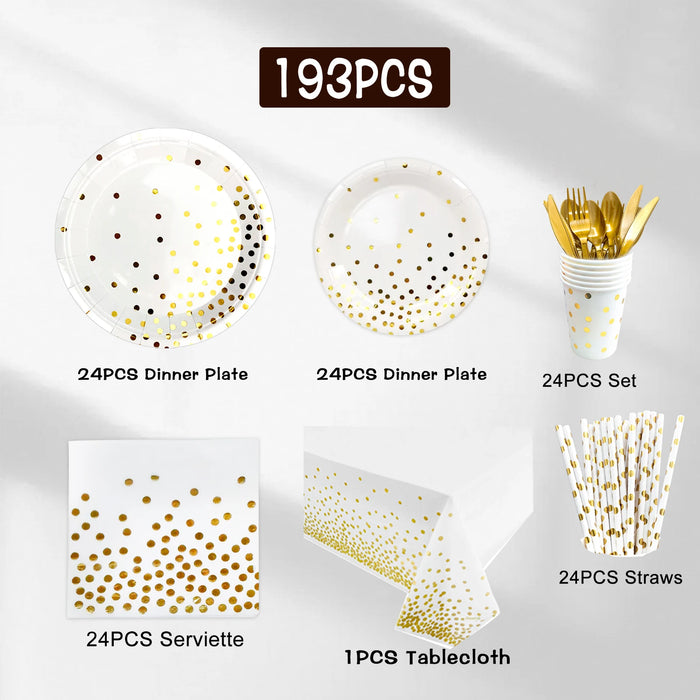 White And Gold Party Supplies 193pcs Golden Dot Disposable Party Dinnerware Set - White and Gold Party Paper Plates Cups Napkins