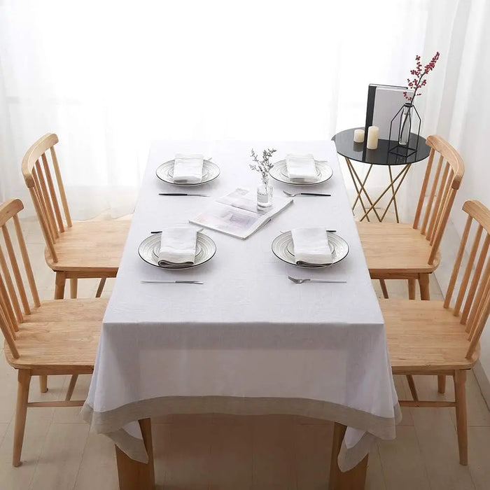 Simple&Opulence 100% Linen Coloured Border Rectangle Natural Hemstitch Tablecloth for Dinner Picnic and Indoor&Outdoor Party