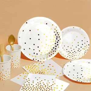 White And Gold Party Supplies 193pcs Golden Dot Disposable Party Dinnerware Set - White and Gold Party Paper Plates Cups Napkins