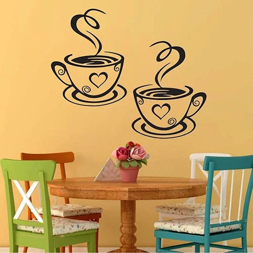 Black Coffee Cups Wall Art Stickers PVC  Kitchen Restaurant Cafe Tea Wall Sticker Coffees Cups Sticker Wall Decal Decor DIY