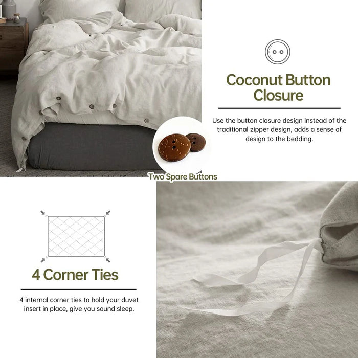 Simple&Opulence 100% Linen 3Pcs Bedding Set  Natural Flax Breathable King Size with Coconut Button Comforter Duvet Cover Set