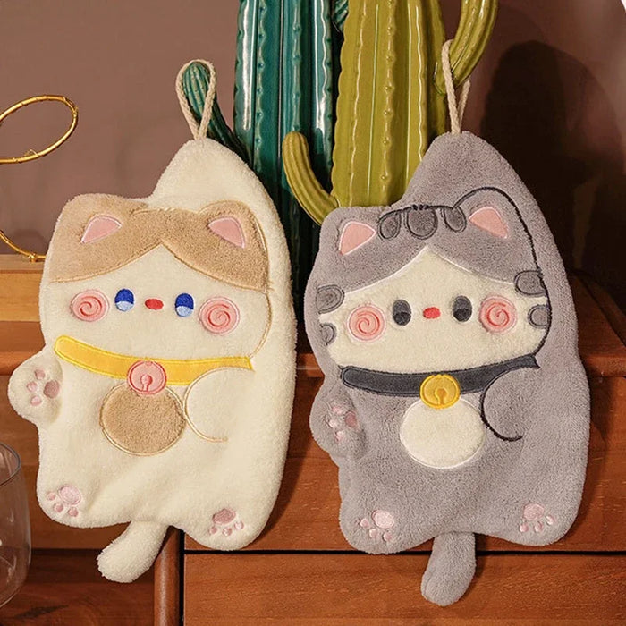 Cute Hand Towels Cat Hanging Towel Coral Fleece Kitchen Cleaning Rags Bathroom Absorbent Quick Dry Handkerchiefs  Decor