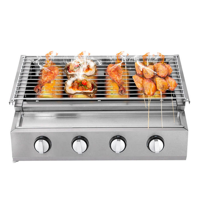 4 Burners Stainless Steel Counter Top Barbecue LPG Gas Grill  Removable BBQ Smokeless Grill for Camping Home Party