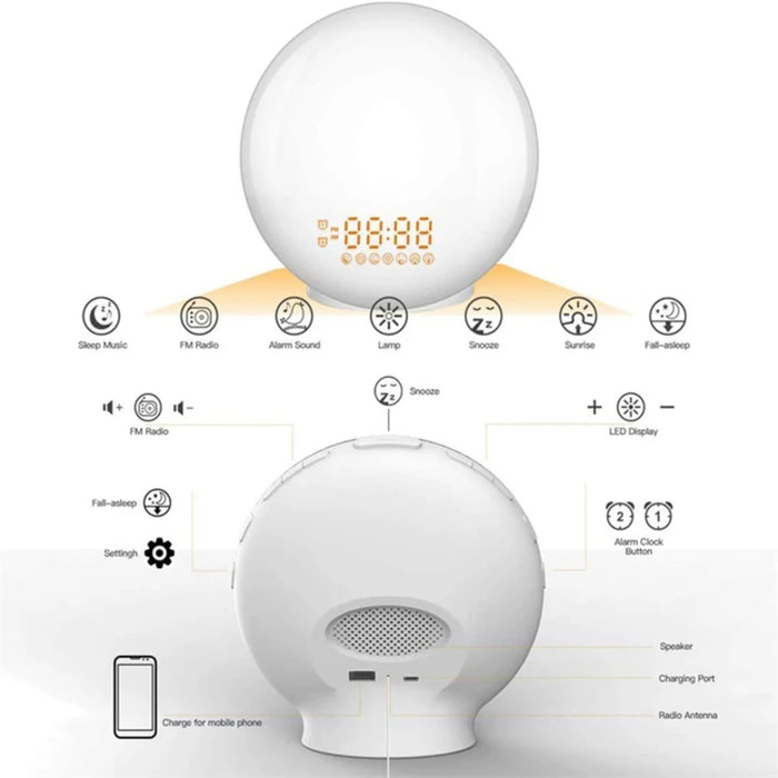 Sunrise/Sunset Simulation Wake Light Alarm Clock with Dual Alarms, FM Radio, Nightlight, 7 Colors, Natural Sounds, and Snooze