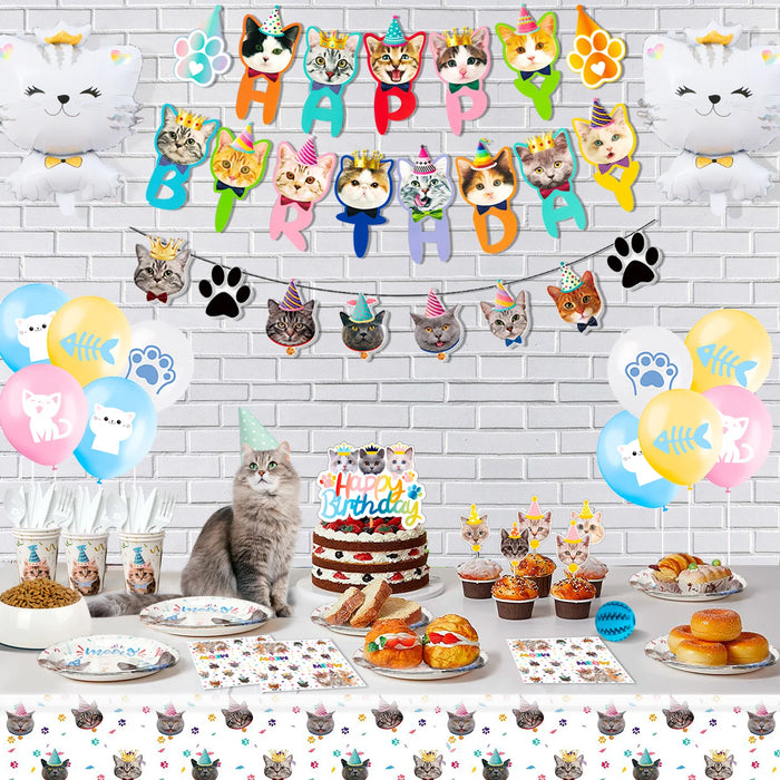 Cat Birthday Party Supplies,167pcs Birthday Decorations &Theme Tableware Set-Party Plates Napkins Tablecloth&Banner Balloons etc