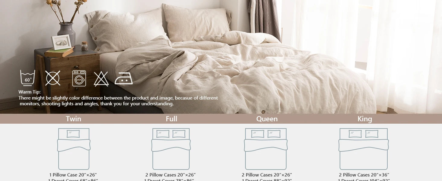 Simple&Opulence 100% Linen 3Pcs Bedding Set  Natural Flax Breathable King Size with Coconut Button Comforter Duvet Cover Set