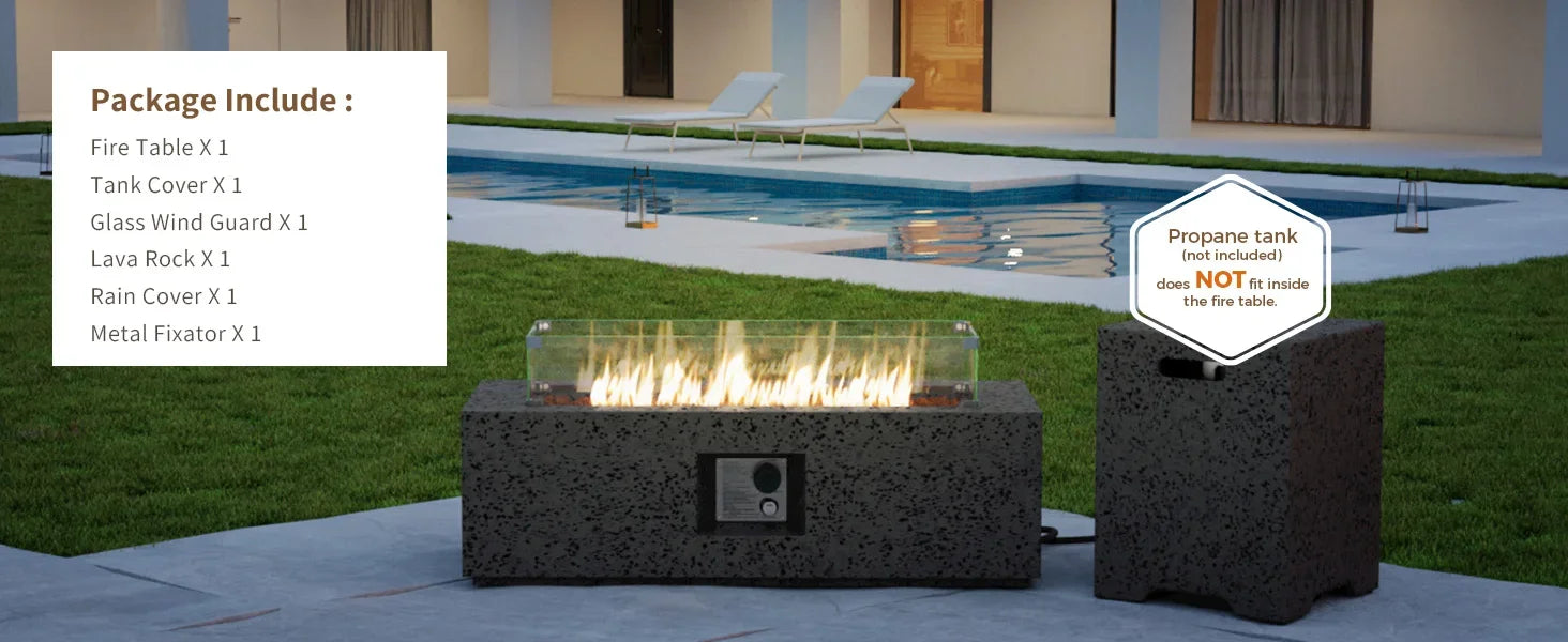 Outdoor Propane Fire Pit Coffee Table, 42-inch x 13-inch MgO Rectangle Base Patio Heater w 50,000 BTU Stainless Steel Burner