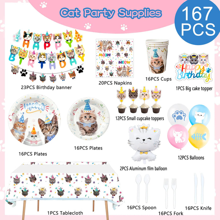 Cat Birthday Party Supplies,167pcs Birthday Decorations &Theme Tableware Set-Party Plates Napkins Tablecloth&Banner Balloons etc