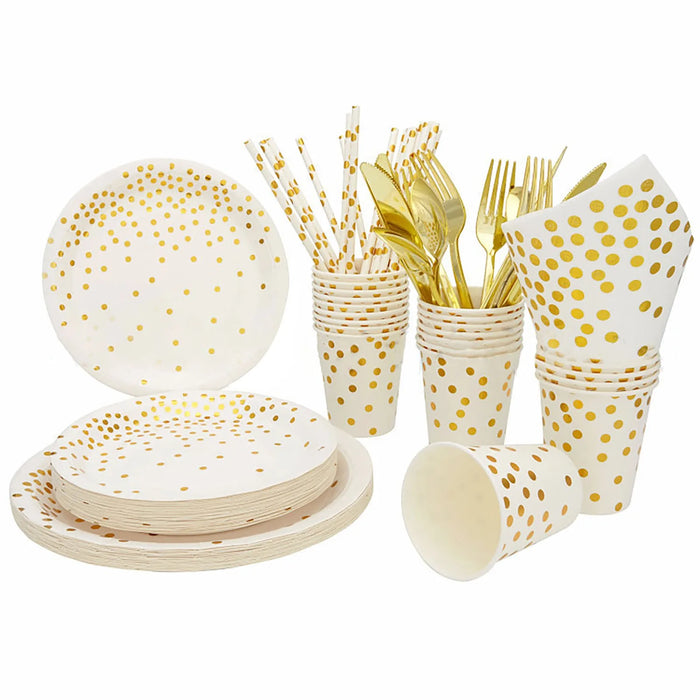 Party Supplies Set Disposable Gold Point Paper Dish Meal Napkin Paper Cup Party Disposable Paper Plates Cups Straw And Napkins