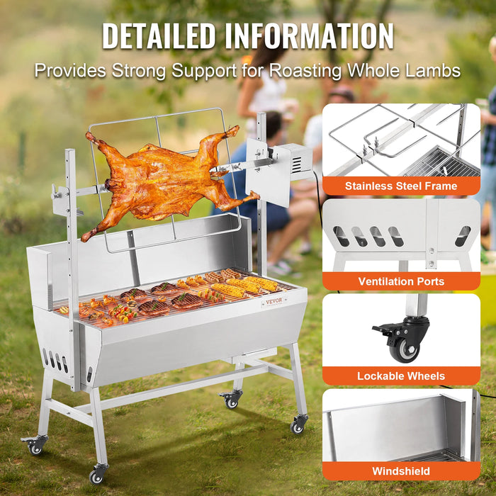 VEVOR Rotisserie Grill w/Windscreen BBQ Whole Pig Lamb Goat Charcoal Spit Grill, 35 Inch w/Lockable Wheels for Camping Outdoor