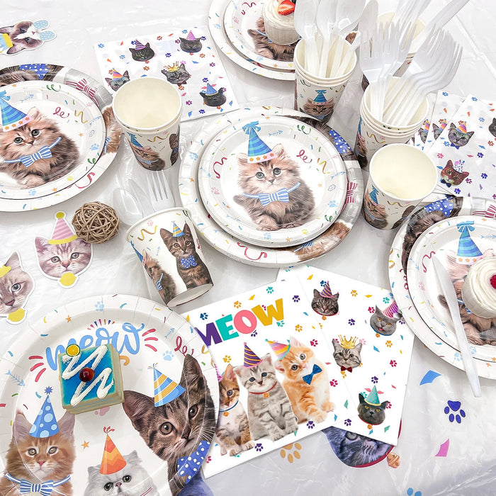 Cat Birthday Party Supplies,167pcs Birthday Decorations &Theme Tableware Set-Party Plates Napkins Tablecloth&Banner Balloons etc