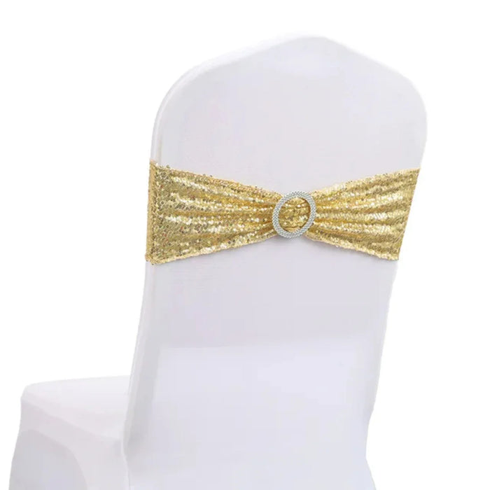 Luxurious Sparkling Gold Sequin Stretchy Chair Sashes Set - 20pcs Perfect Addition for Your Outdoor Banquet Wedding Venue, Enhan