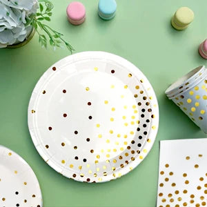 White And Gold Party Supplies 193pcs Golden Dot Disposable Party Dinnerware Set - White and Gold Party Paper Plates Cups Napkins