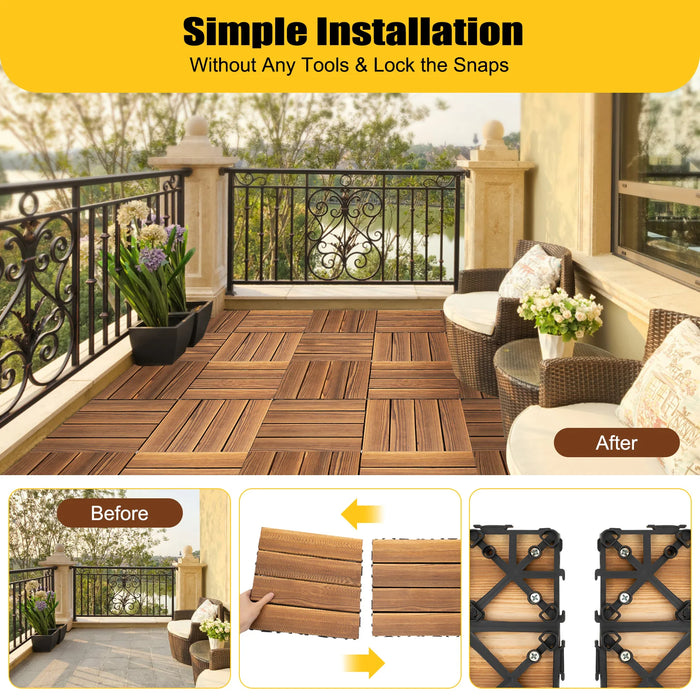 36 Pack Hardwood Patio Deck Flooring Tile Wood Outdoor Interlocking Flooring Tiles 12" × 12" Interlocking Patio Tiles