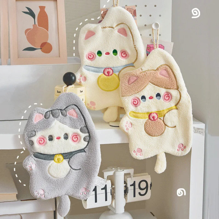 Cute Hand Towels Cat Hanging Towel Coral Fleece Kitchen Cleaning Rags Bathroom Absorbent Quick Dry Handkerchiefs  Decor