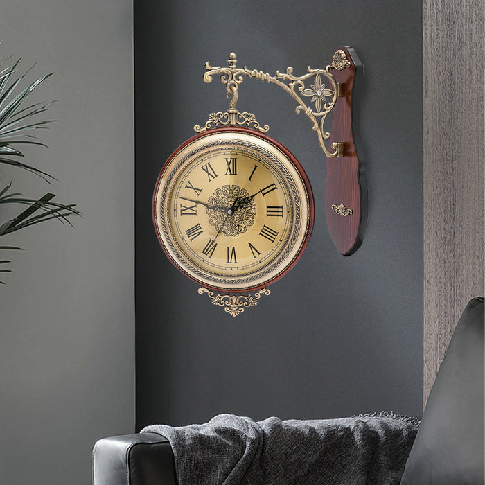 European Art Wall Clock Silent Retro Large Metal Wood Double Sided Wall Clock Living Room Home Decor Clock