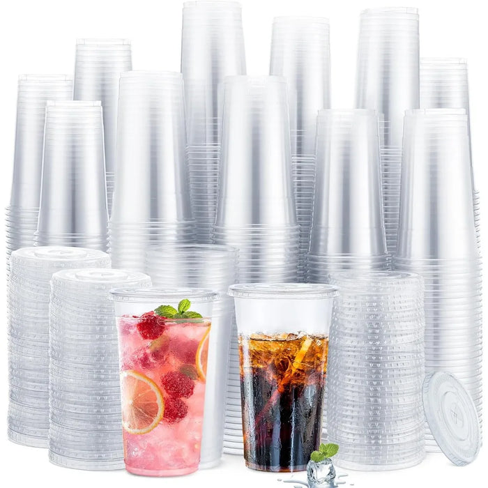 500 Sets Clear Plastic Cups with Flat Lids Bulk PET Disposable Cold Drinking Cups Plastic Cold Party Drinking Cups (32 oz)